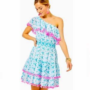 Lilly Pulitzer One-Shoulder Mini Dress in Aqua & Hot Pink